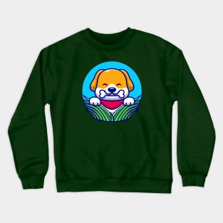 Cute Dog Eating Bone On Grass Cartoon Crewneck Sweatshirt